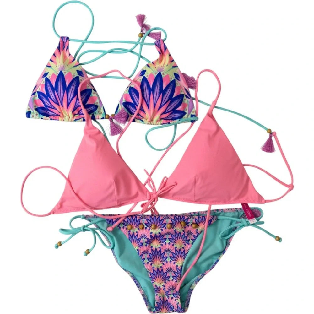 Victorias Secret Bikini Set 3pc Tropical Floral Pink Teal Tassel Mix Match S M L